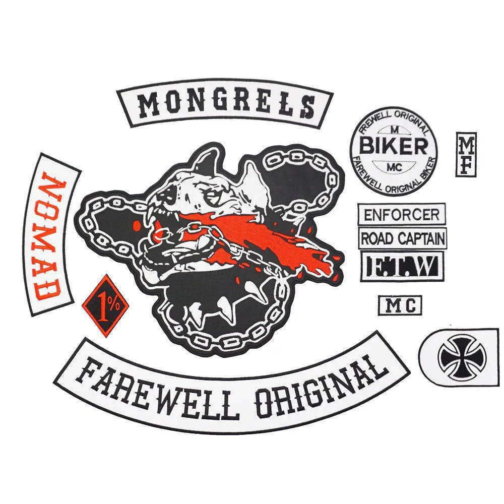 mongrels large punk embroidered iron on backing biker badge for jacket jeans 12 pieces/set