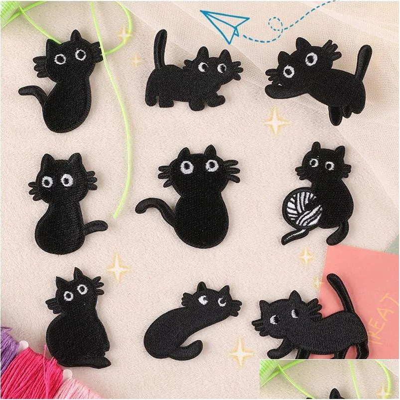 notions iron on various black cartoon cates embroidered badge sew on appliques diy accesories for clothing jeans jackets