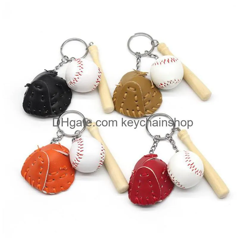 baseball keychains mini pu leather baseball glove wood bat sports car key chain key ring holder fashion jewelry gift keyrings for man
