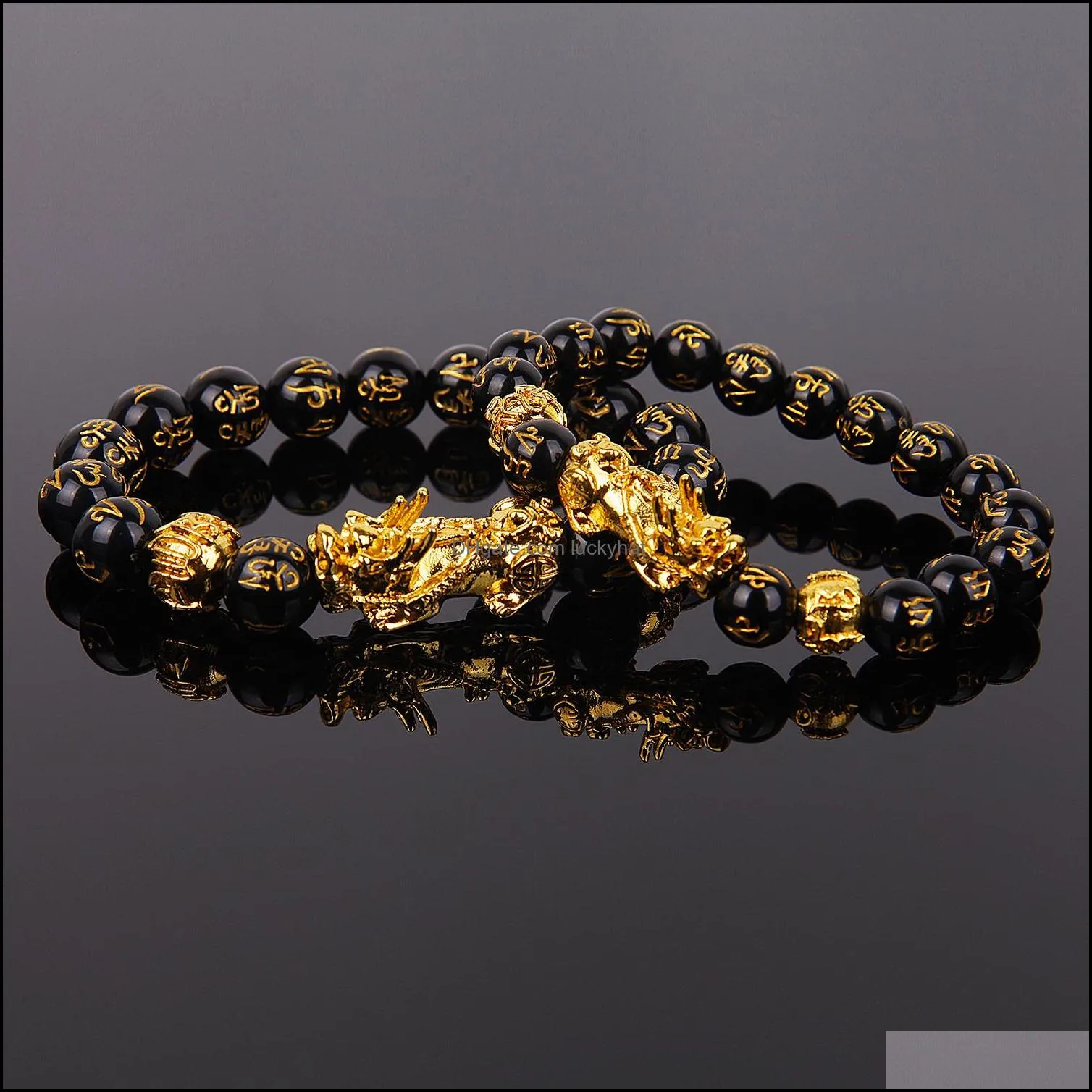 unisex fashion black obsidian beads strands bracelet with gold pixiu charm bring lucky and wealth jewelry
