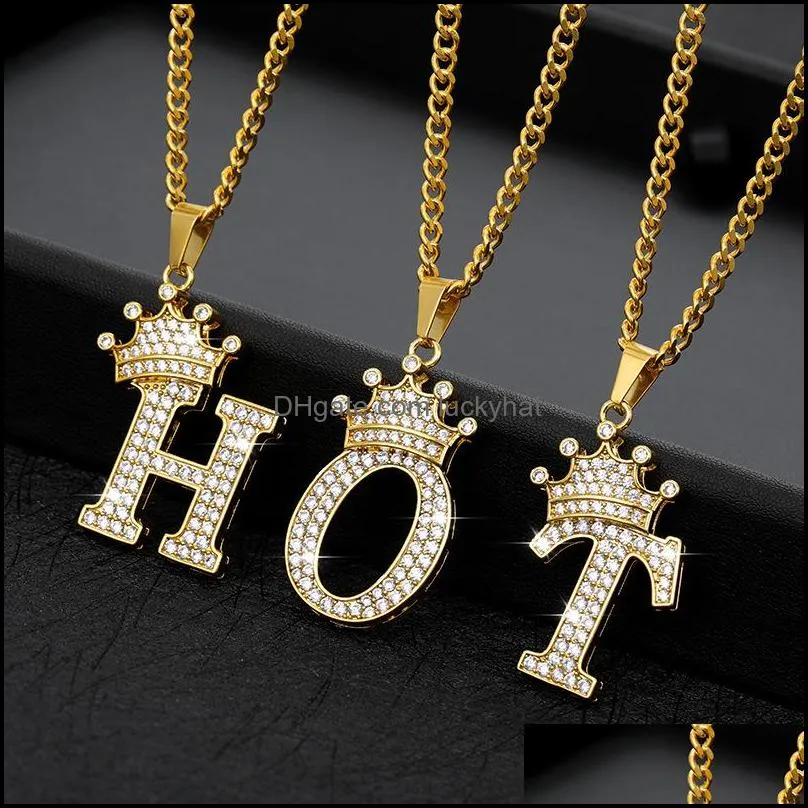 high quality jewelry zircon paved crown initial pendant letter alphabet gold necklace letters jewelry for women