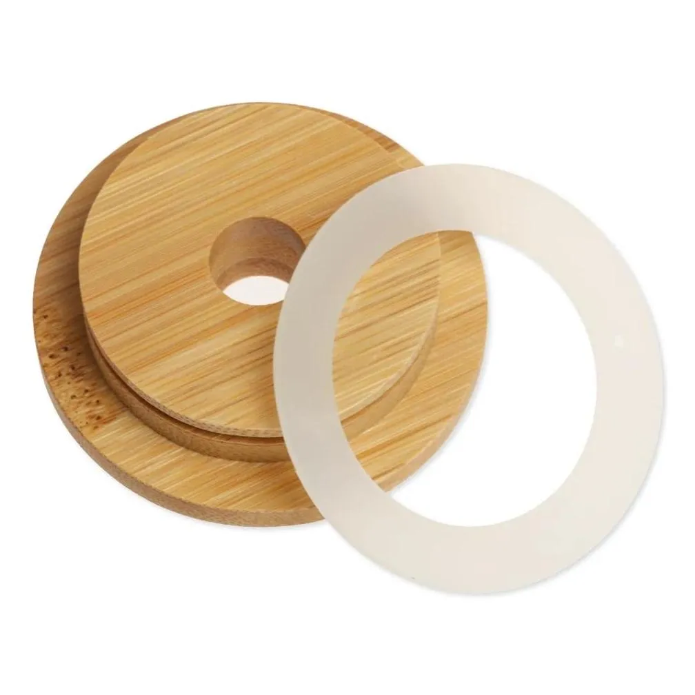 eco friendly reusable bamboo wood lids wide mouth cup mason jar lid with straw hole storage bottles covers caps seal ring