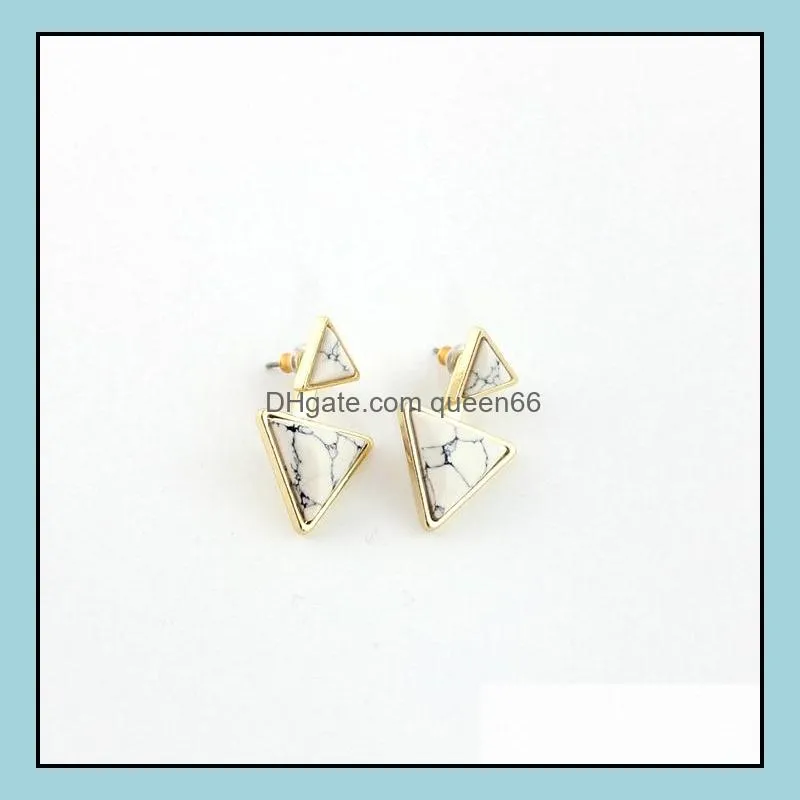 fashion gold color natural stone triangle white green turquoise stud earrings jewelry for women