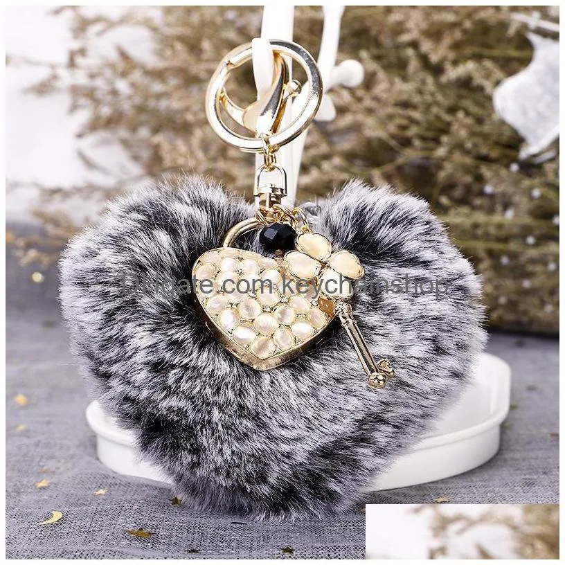 fur ball keychains keyring heart design opal pendant women bag charms jewelry fashion lock key chain rings holder alloy trinket