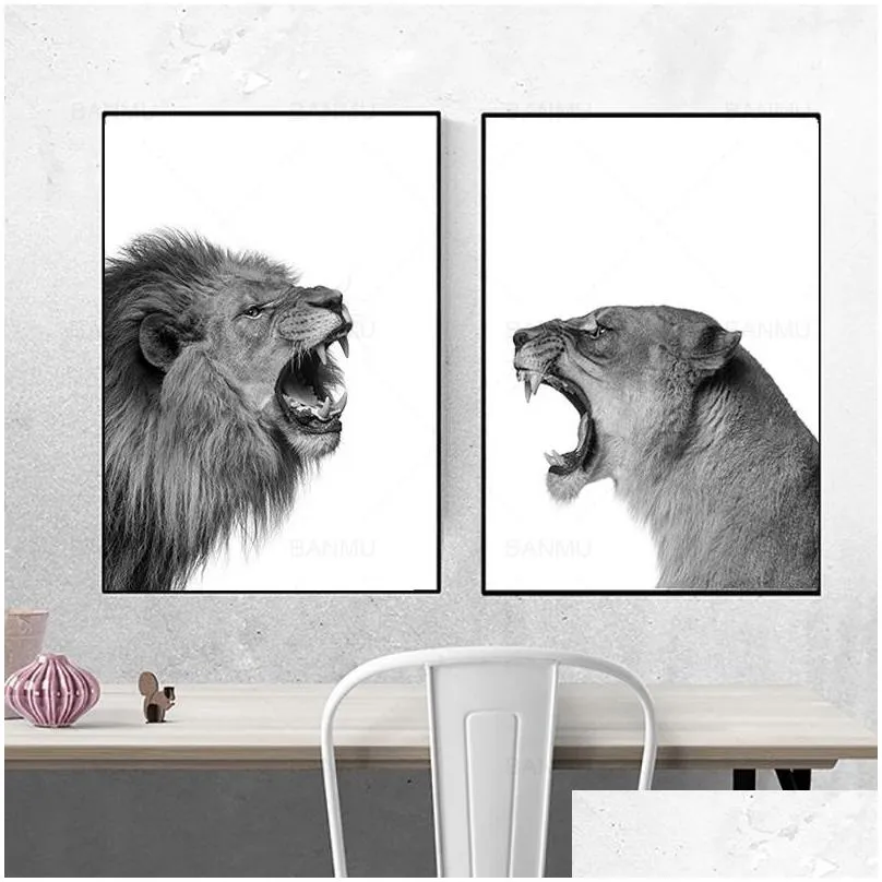 2 pieces canvas painting  and lioness poster animal wall art print picture black white woodlands for living room home decor1