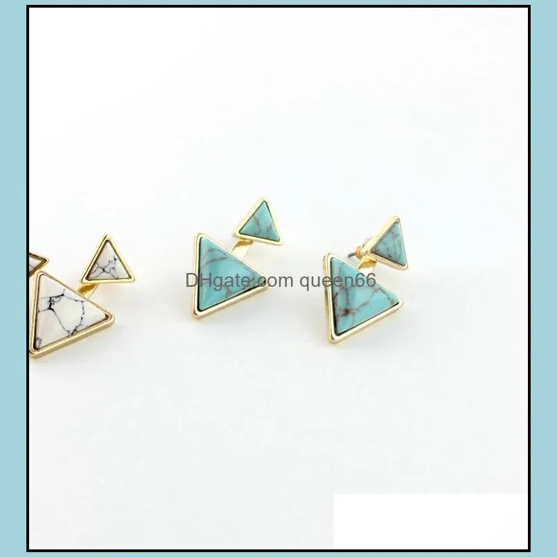 fashion gold color natural stone triangle white green turquoise stud earrings jewelry for women