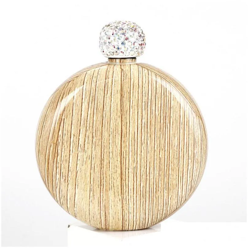 stainless steel diamond hip flask wood grain round portable ladies mini wine bottle with rhinestone lid