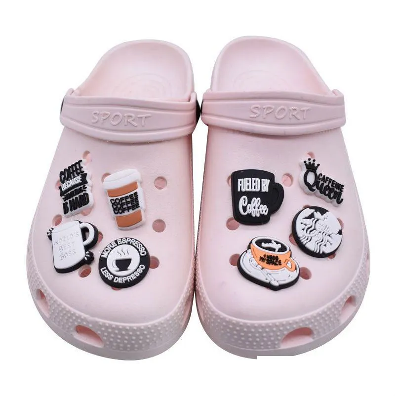 anime charms wholesale childhood memories coffee drink cartoon croc charms shoe accessories pvc decoration buckle soft rubber clog charms fast