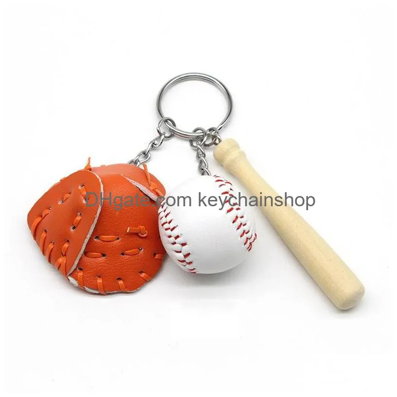 baseball keychains mini pu leather baseball glove wood bat sports car key chain key ring holder fashion jewelry gift keyrings for man