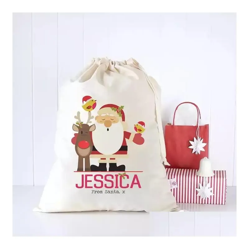 top quality sublimation blanks christmas santa sack custom plain cotton drawstring gift bags for christmas decorations