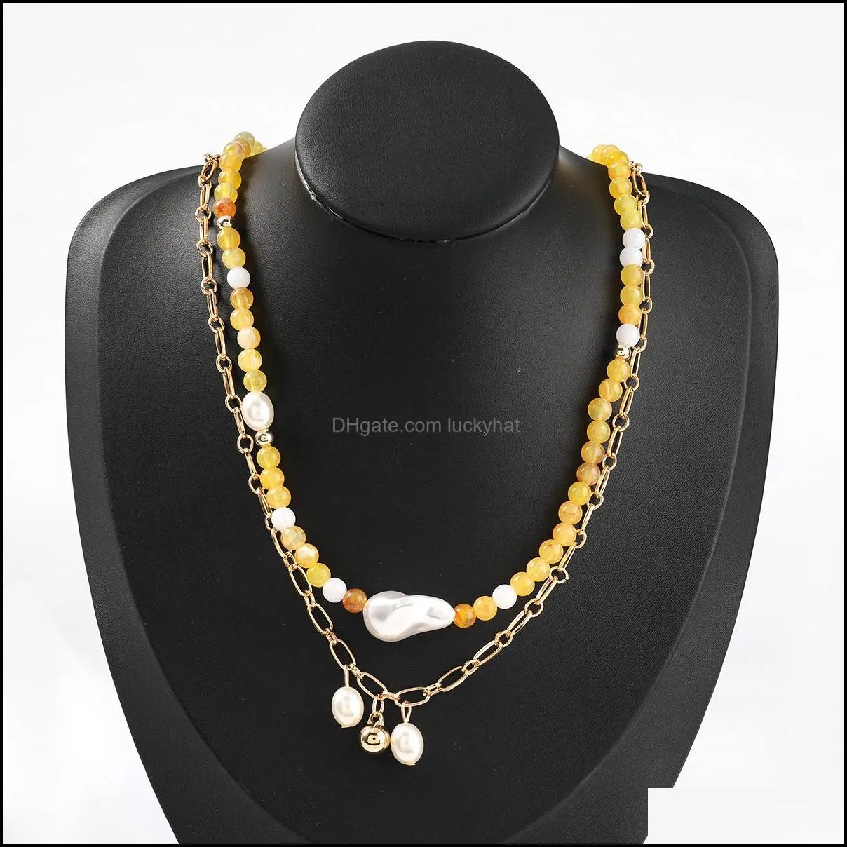 bohemia style link chain pearl pendant necklace yellow resin beads pearl necklace for gift