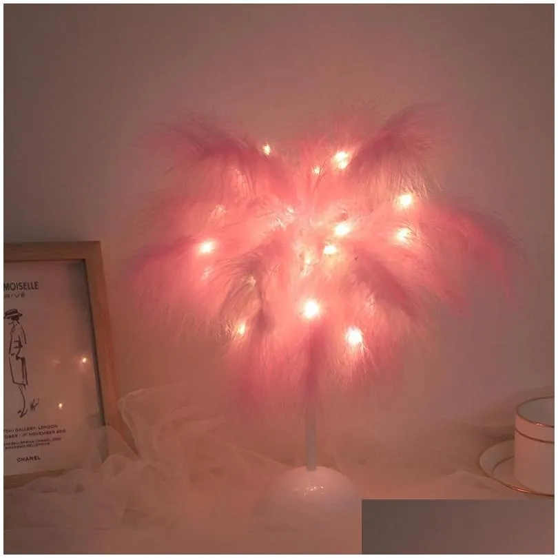 feather table lamp de chevet usb/aa battery power diy creative fairy light wedding home bedroom decor novelty night lighting 220425