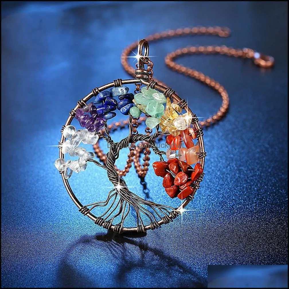 tree of life pendant natural stone amethyst rose crystal necklace gemstone chakra jewelry