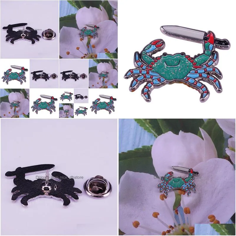 cute glitter sea animal badge pin green crab holding knife metal enamel brooch unique trendy costume backpack jewelry gifts knife crab badge cute