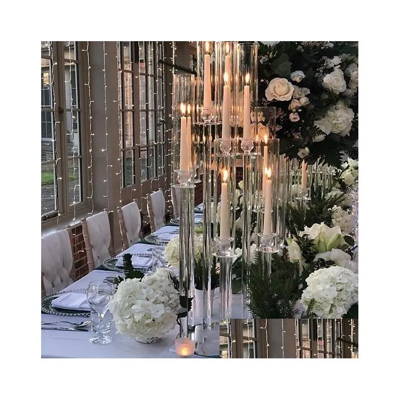 party decoration wholesale 10 arms long stemmed modern clear acrylic tube hurricane crystal candle holders wedding table centerpieces candel fy2924