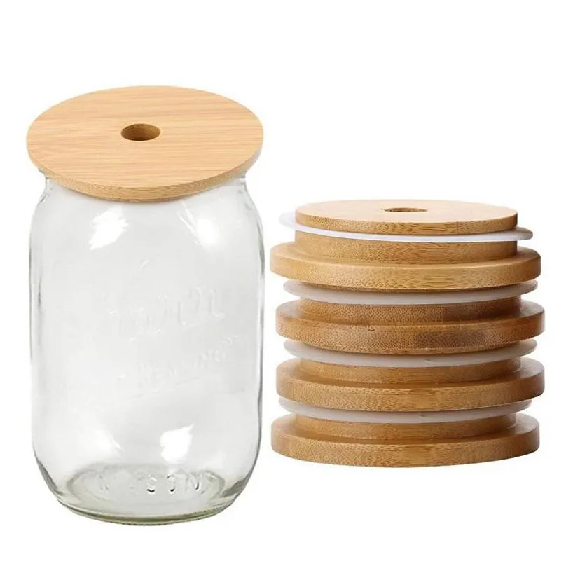 bamboo glass cup lids 70mm 88mm reusable wooden with straw hole and silicone seal dhs delivery