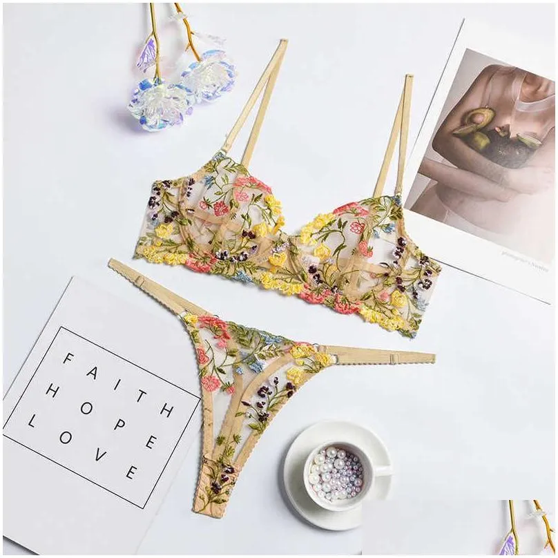 yimunancy 2piece lace bra set women floral embroidery underwear set transparent khaki panty set