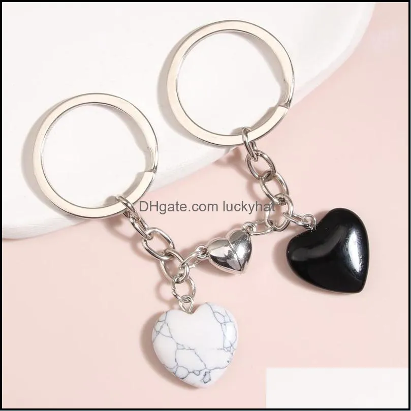 custom keyrings natural crystal quartz stone heart key ring magnetic button key chains for couple friend gifts diy jewelry