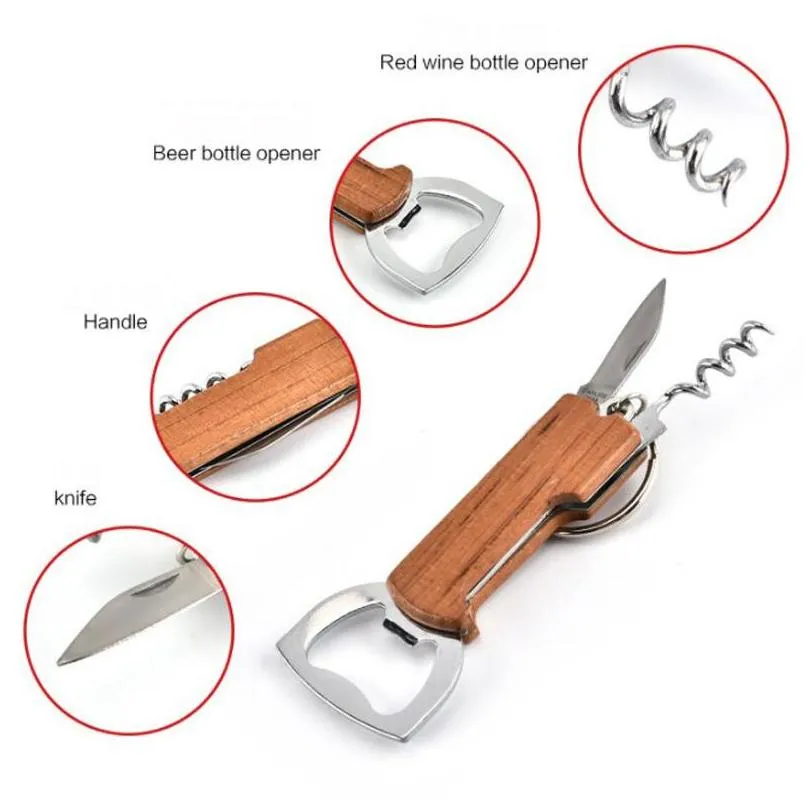 wooden handle bottle opener keychain knife pulltap double hinged corkscrew stainless steel key ring openers bar kitchen wine tool dbc