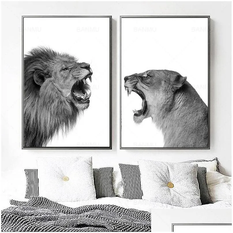 2 pieces canvas painting  and lioness poster animal wall art print picture black white woodlands for living room home decor1