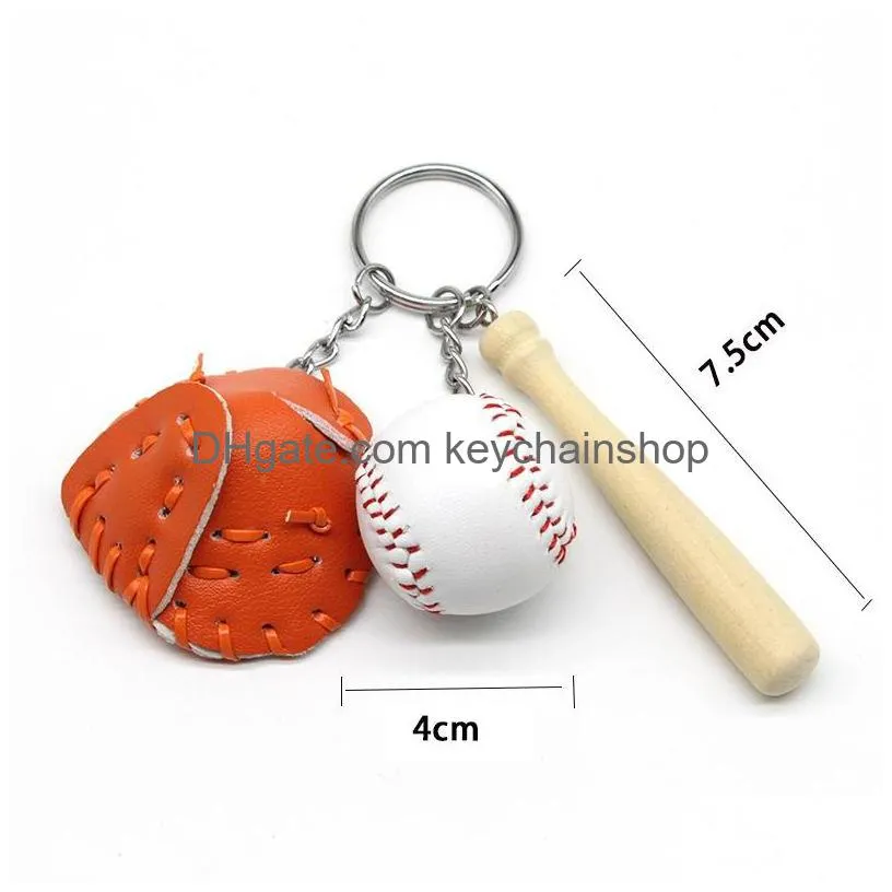 baseball keychains mini pu leather baseball glove wood bat sports car key chain key ring holder fashion jewelry gift keyrings for man