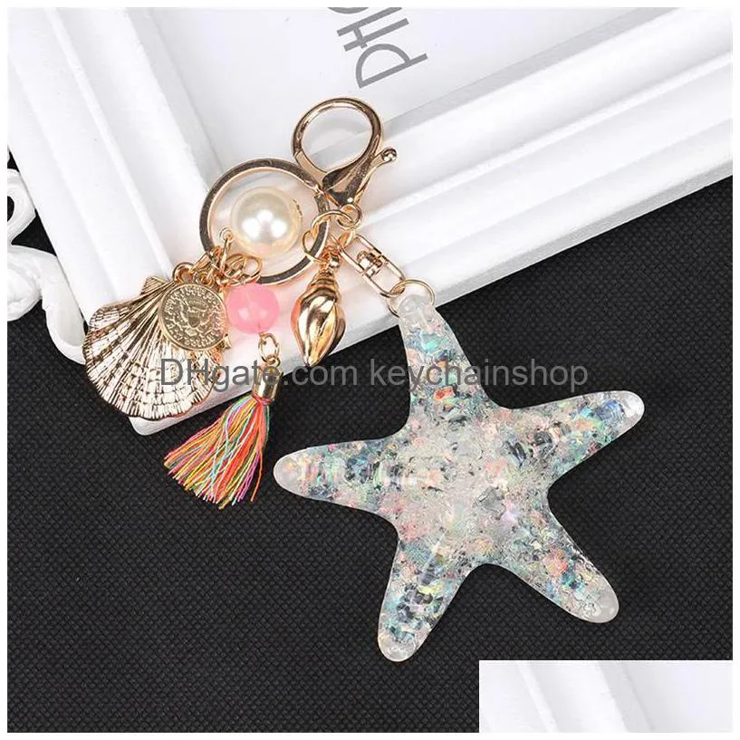 starfish car keychains key rings for girls women bag jewelry accessories tassel conch shell pearl pendant sea animal metal keyring