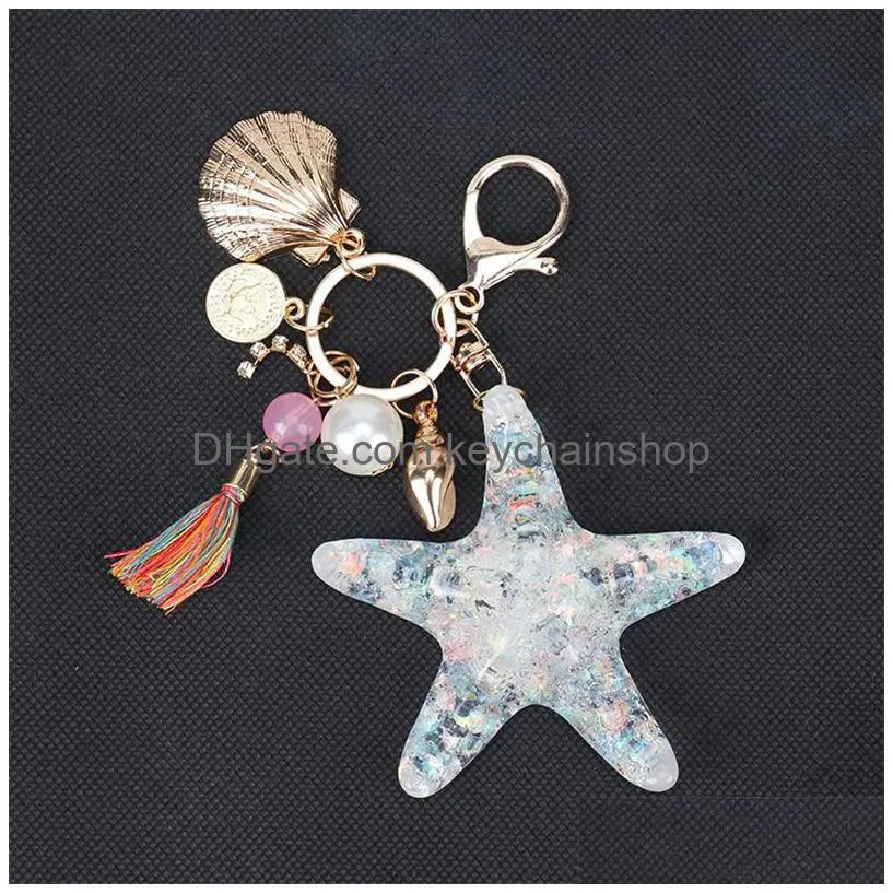 starfish car keychains key rings for girls women bag jewelry accessories tassel conch shell pearl pendant sea animal metal keyring