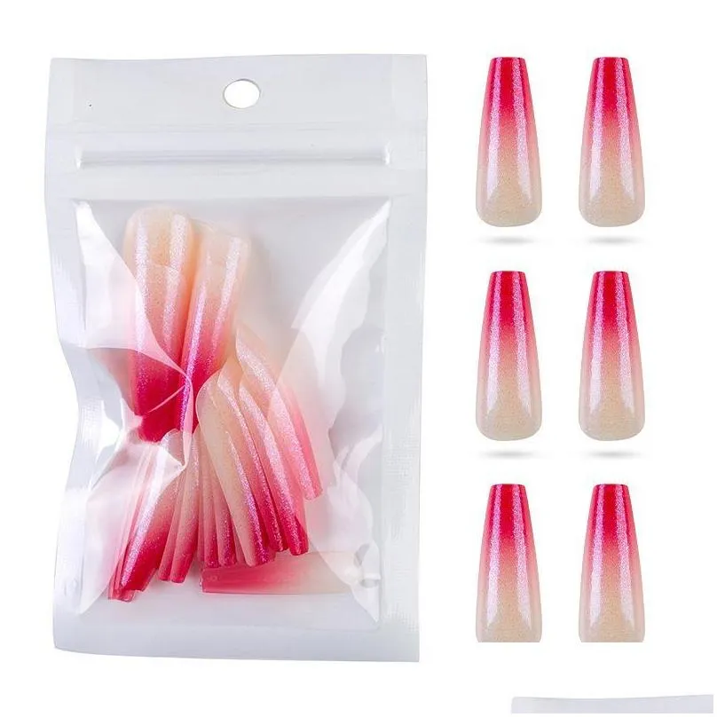 false nails 24pcs long gradient ballet magic mirror powder fake t shape coffin wearing plastic press on nail tips art