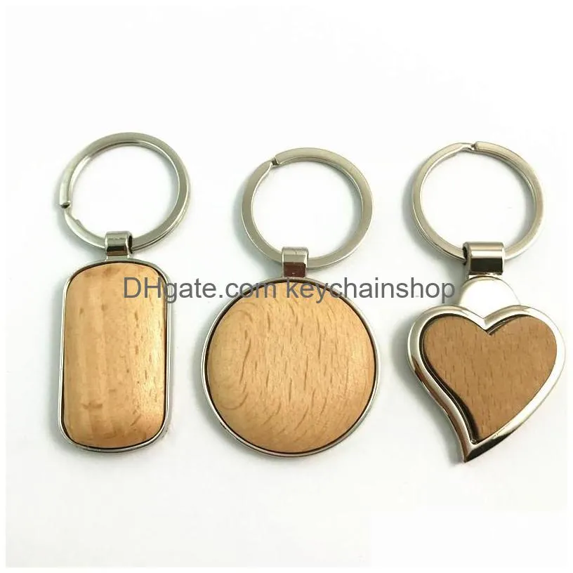 metal wood keychains key chain ring round heart rectangle simple diy blank wooden car key pendant holder fashion gifts keyrings