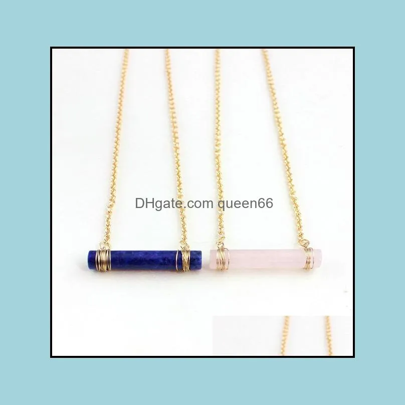 fashion gold color natural stone geometry pink cylinder statement necklace for women brand jewelry