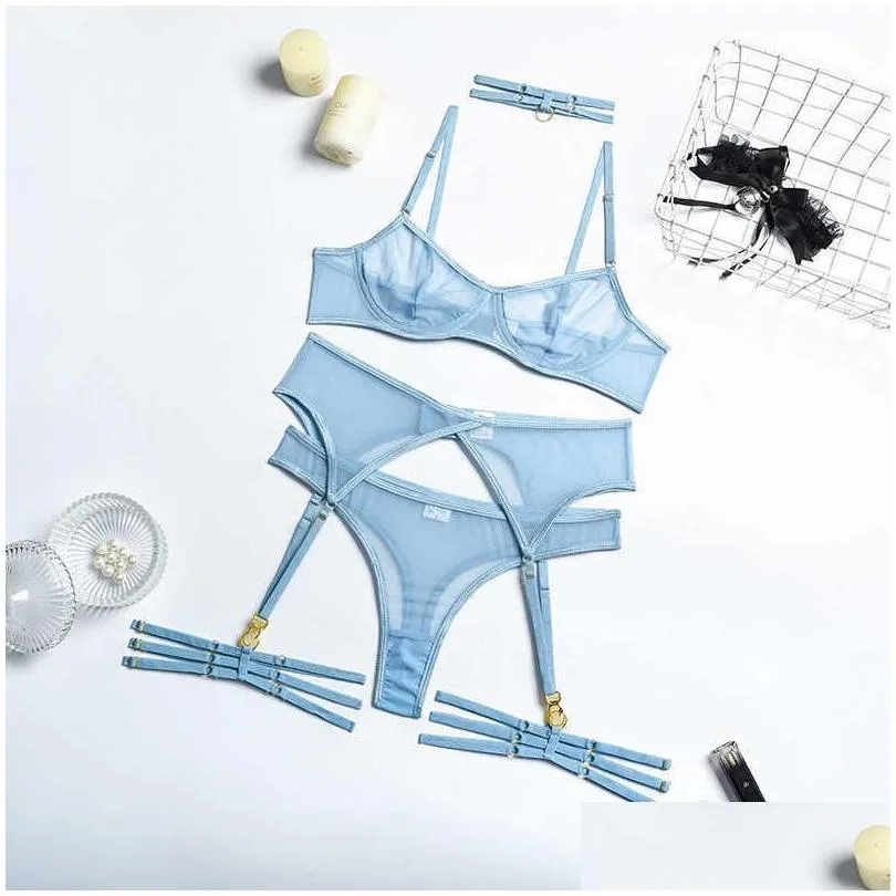 sexy erotic lingerie solid underwear women push up bra grater brief set transparent lace seamless blue setup femen
