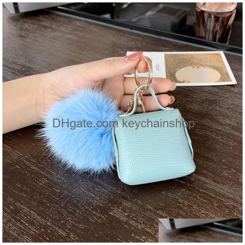 pompom leather bag keychains coin purses key chains rings holders fashion pu pouches pendant keyrings trinkets cute women pom pom ball charms jewelry