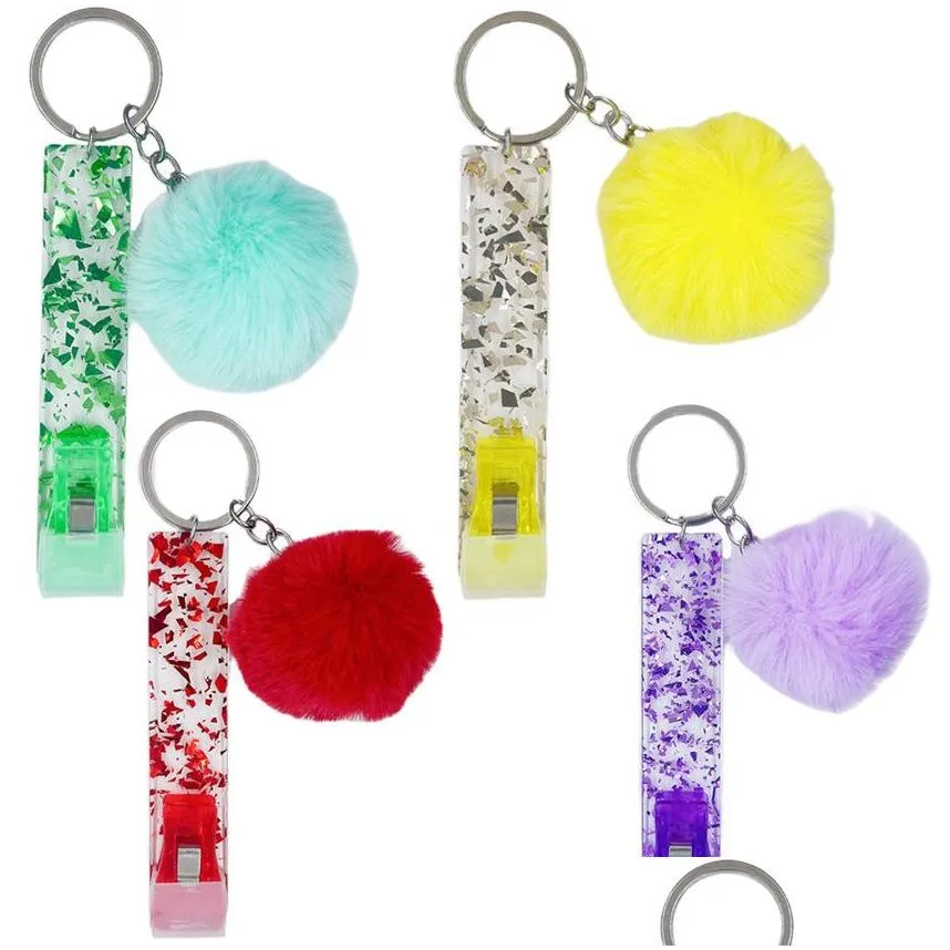 atm card puller key rings acrylic credit card grabber party favor with rabbit fur ball keychain