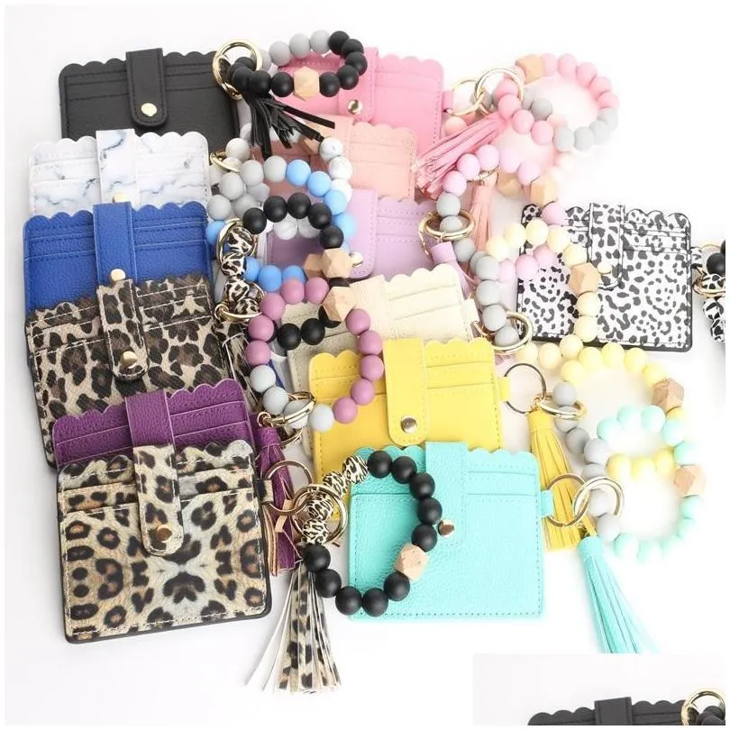 fashion pu leather bracelet wallet keychain party favor gifts tassels bangle key ring holder card bag silicone beaded fy3399 sxaug18