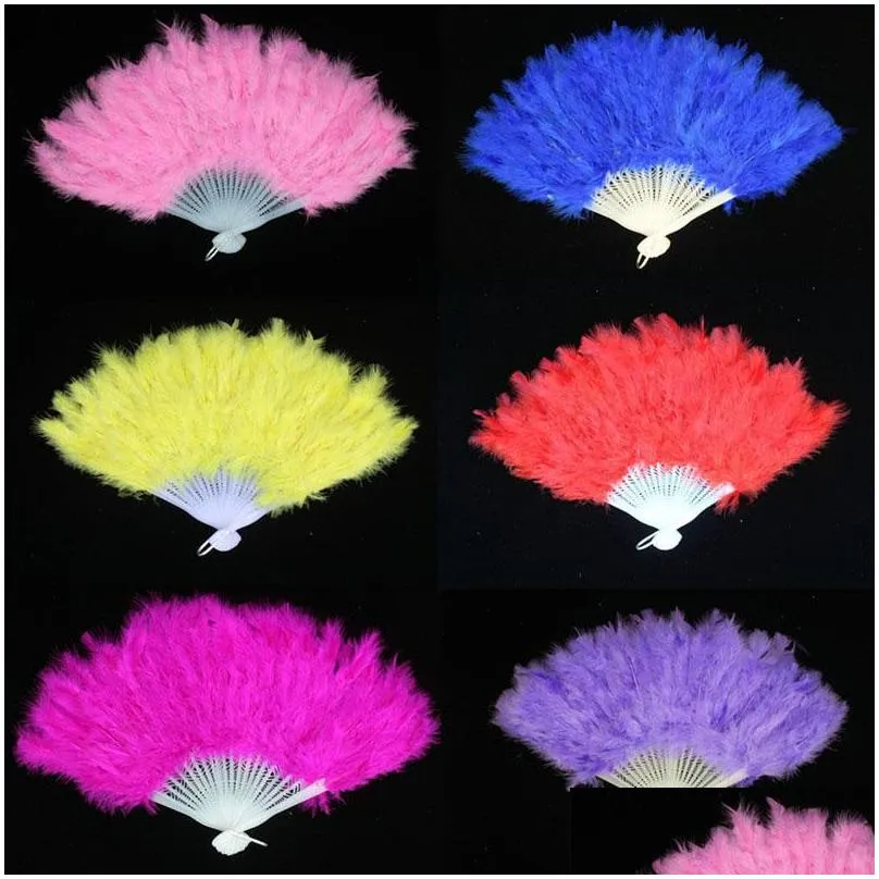 10 colors folding feather fan party decoration hand held vintage chinese style dance wedding craft downy feathers foldable dancing