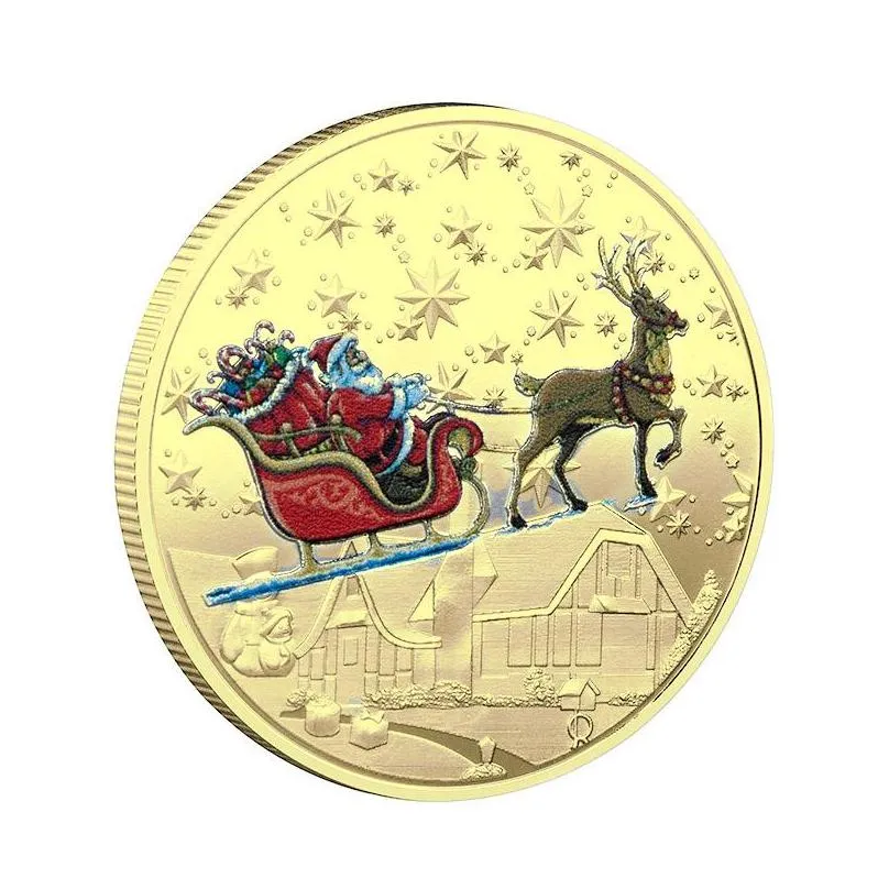 10 styles santa commemorative gold coins decorations embossed color printing snowman christmas gift medal wholesale