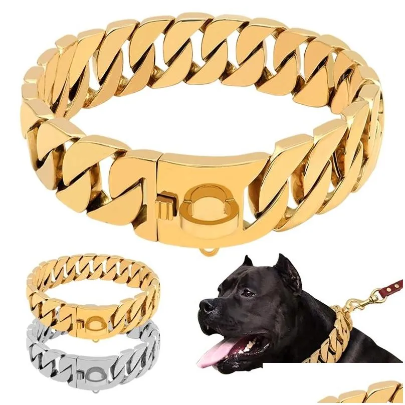 gold cuban chain pet collar bully large dog collar leash customized stainless steel 32mm pitpull bulldog strong collar strap 220629