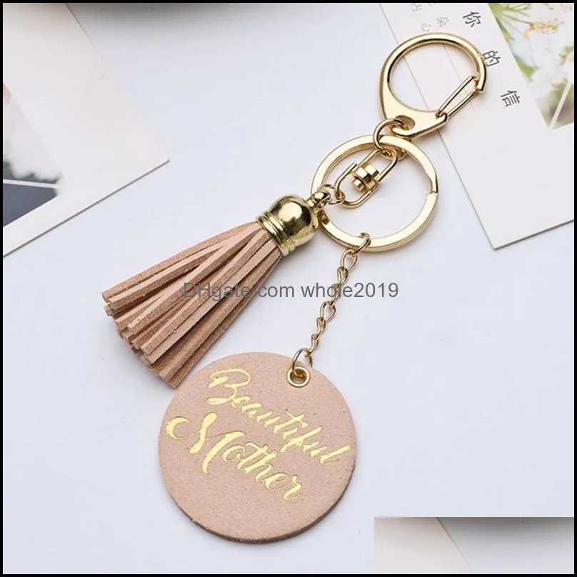 disc tassel keychain bronzing letter pendant leather key chain bag pendant mother day party gift supplies 5 colors 1254 b3