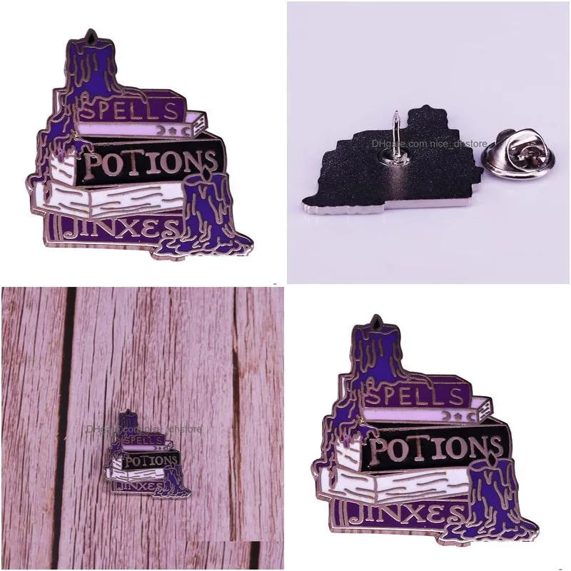 purple spells book stack pin wizardry potions badge black flame candle brooch witchcraft jewelry halloween magic literary gift