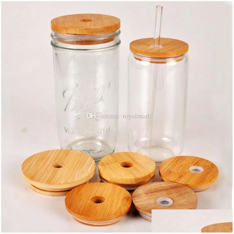 factory bamboo cup lid 70mm 65mm reusable wooden mason jar lids with straw hole and silicone straw valve dhs delivery