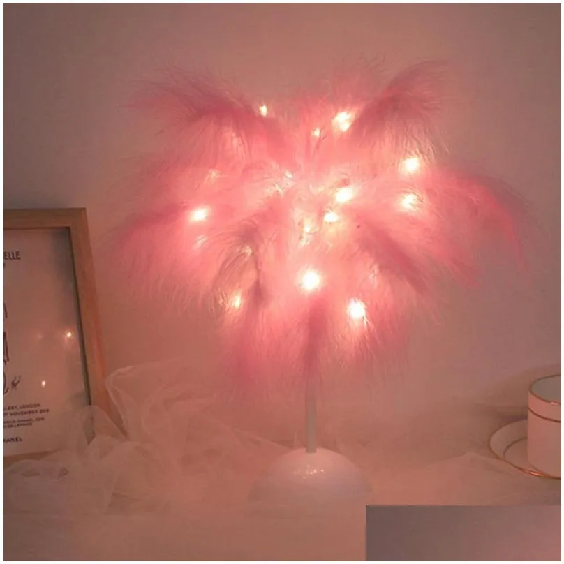 feather table lamp de chevet usb/aa battery power diy creative fairy light wedding home bedroom decor novelty night lighting 220425