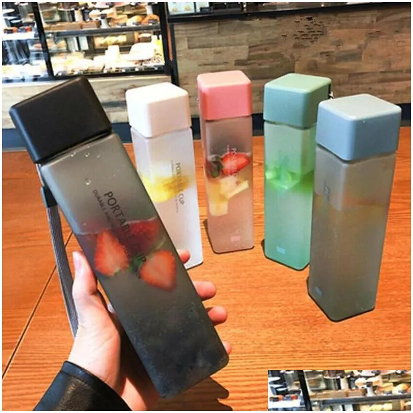 transparent square plastic matte water bottles outdoor cold juice waters sports cup milk cups with portable rope