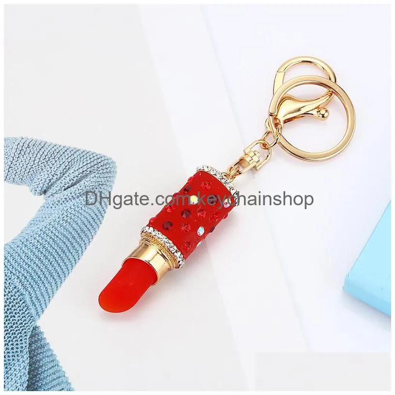 lipstick key chains crystal rhinestone car keyrings rings holder women fashion keychains accessories jewelry bag pendant charms for lover girls