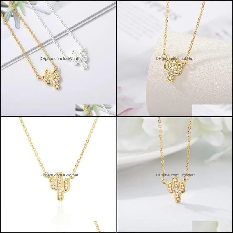 shiny 18k real gold plated cz cactus pendant necklace stainless steel full diamond prickly pear necklace