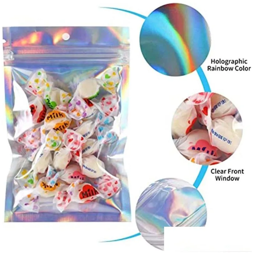 100pcs lot resealable plastic retail packaging bags holographic aluminum foil pouch smell proof bag for food storage