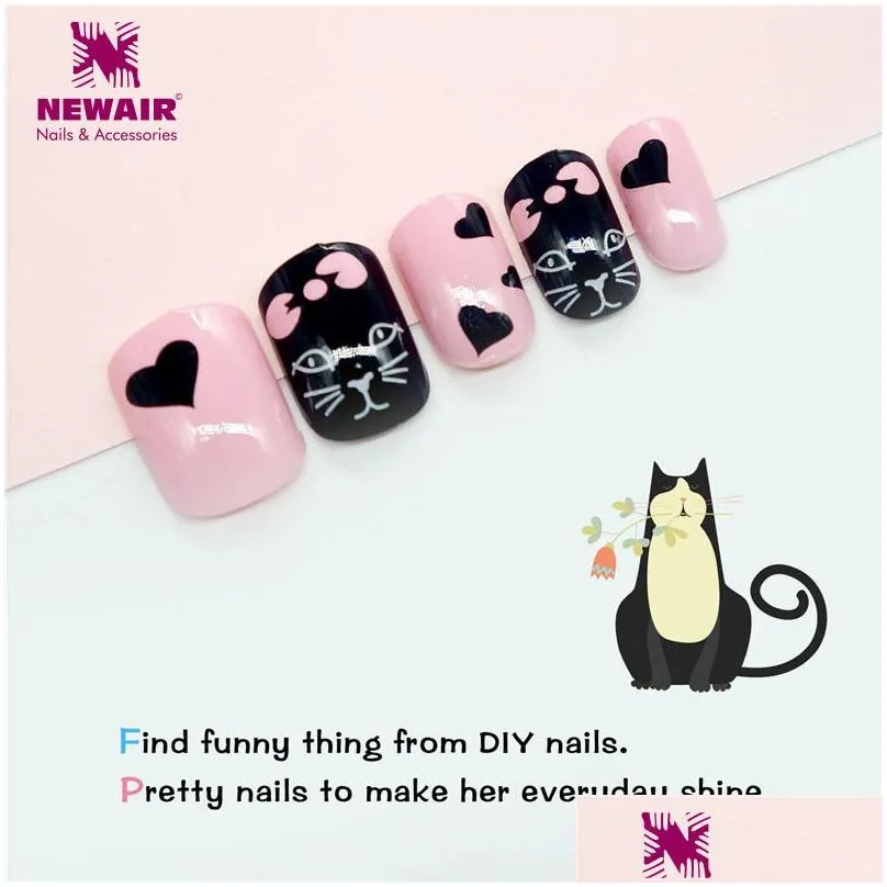 press on kids false nails with designs 72 pcs cat sweet full cover fake nail tips artificial abs