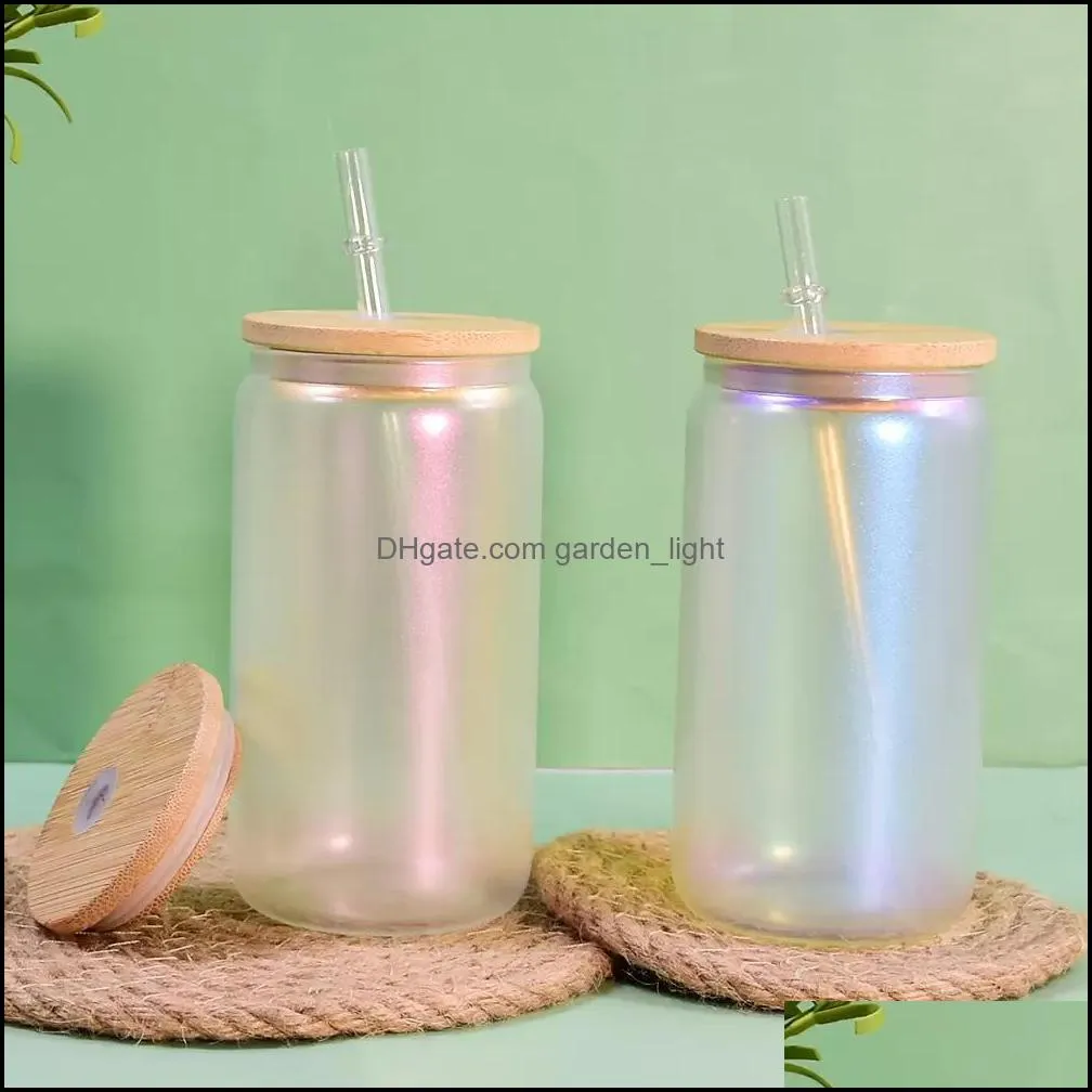 16oz sublimation iridescent glass can rainbow glass shimmer beer glass tumbler frosted drinking glasses with bamboo lid and reusable straw holographic