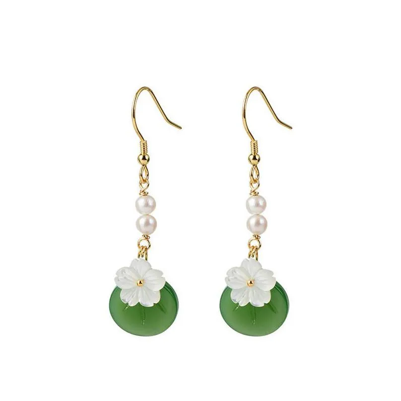 sterling silver 925 jewelry new handmade natural pearl shell cherry flower earrings sweet green coloured glazed dangle drop earring