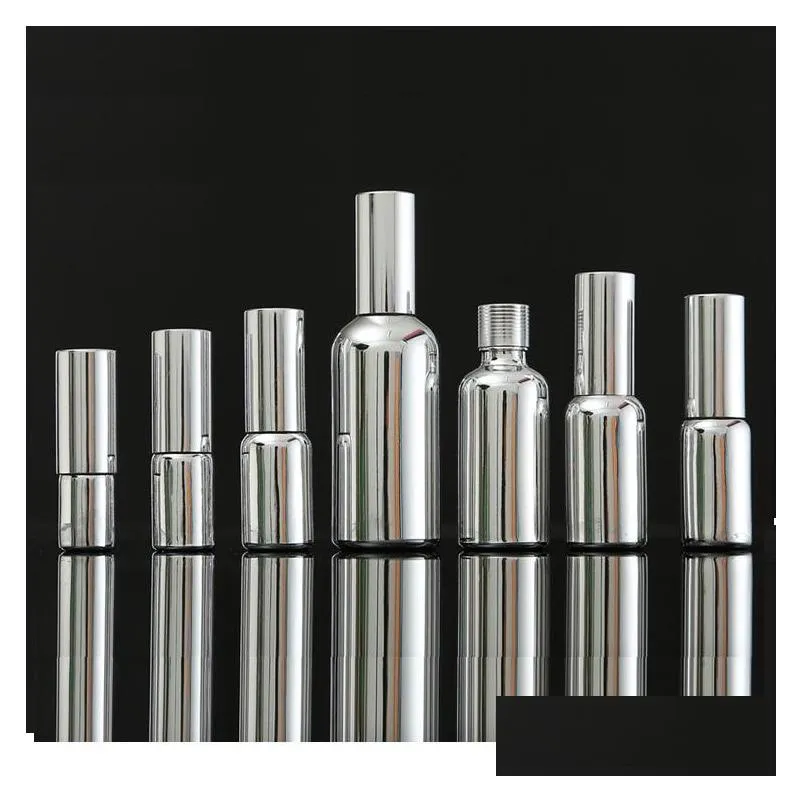 storage bottles jars 5ml100ml silver glass bottle  oil dropper vial cosmetic packaging serum lotion pump spray atomizer