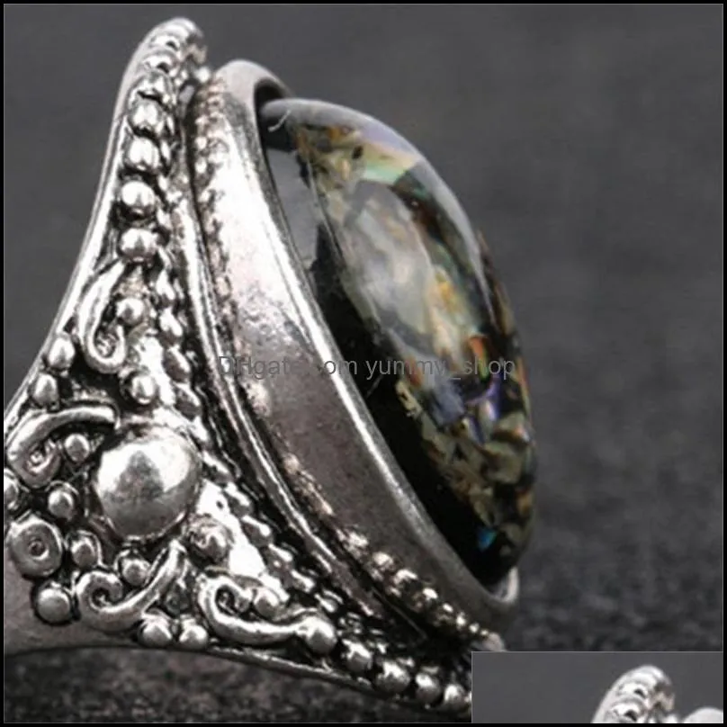 silver plating luxury amber opal man ring jewelry vintage ring colorful natural stone centre rings ancient silver gemstone rings 1053